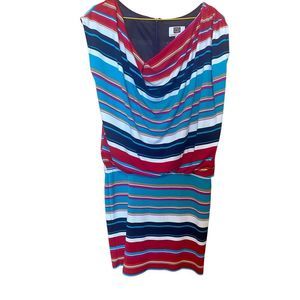 Retro Laundry By Design Stripe Dress Dropped Waist Small Red Turquoise Pink Navy